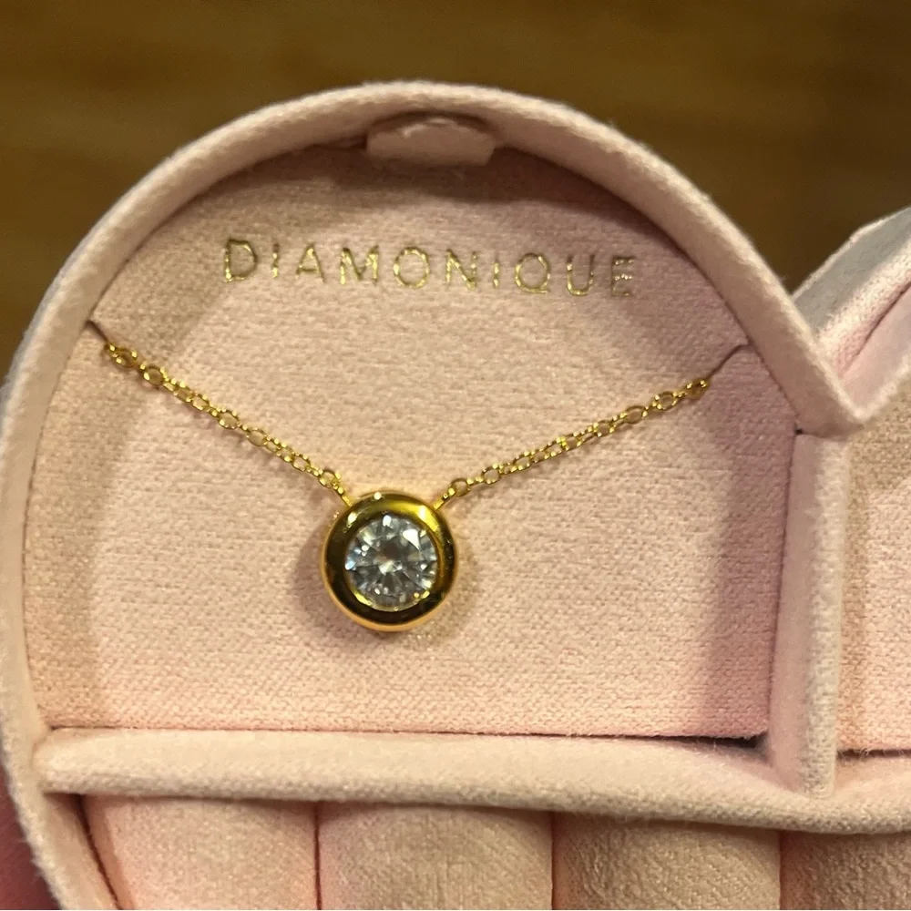 Diamonique Sterling Silver-14K Gold Over Bezel Necklace & Stud Earrings Set NIB - Picture 2 of 15